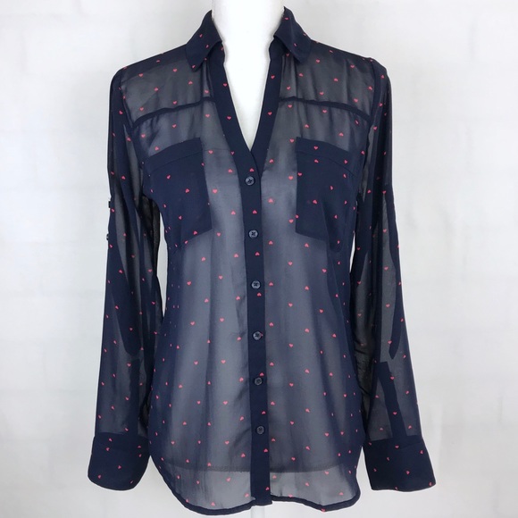 Express Tops - Express The Portofino Shirt Navy Heart Sheer Top